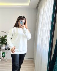 3 Iplik Sardonlu Beyaz Sweatshirt